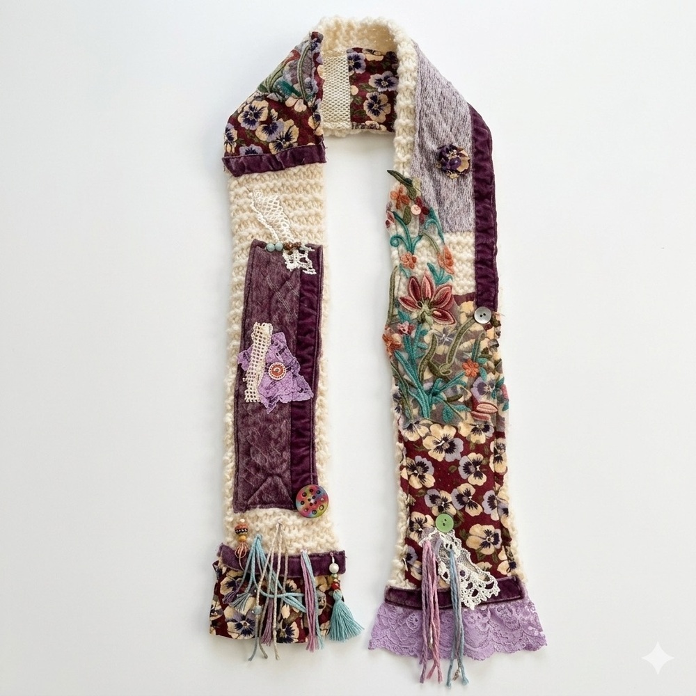 Boho Patchwork Mixed Media Handmade Scarf